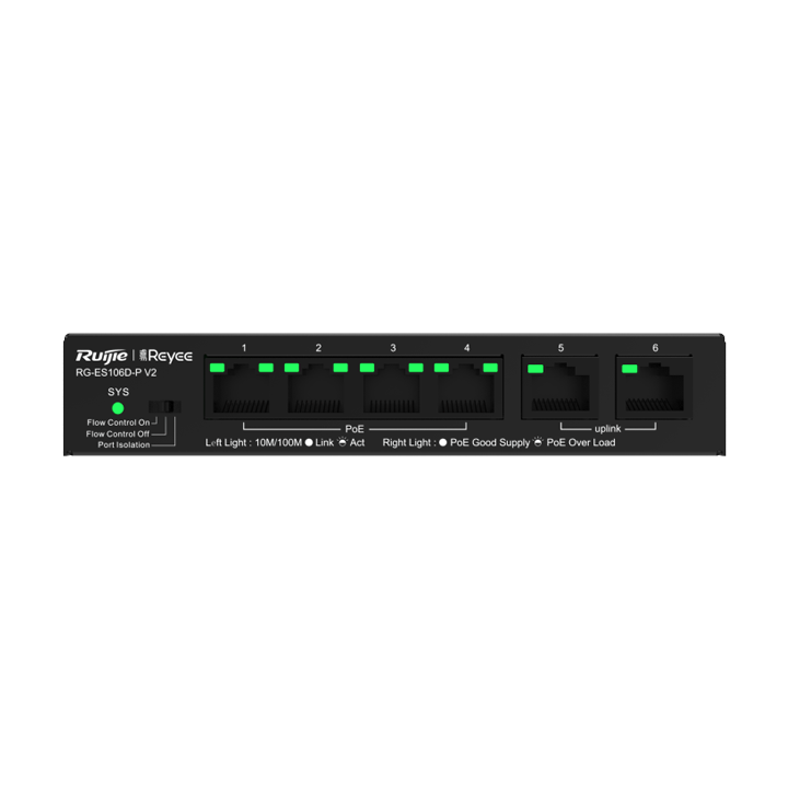 Switch 6 cổng 10/100Mbps PoE 54W Reyee Ruijie RG-ES106D-P V2