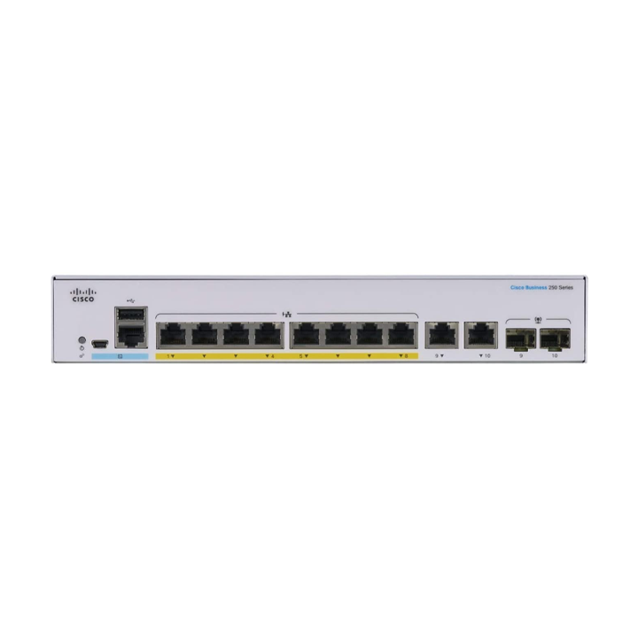 Smart Switch 8 cổng Gigabit PoE 60W + 2 x Gigabit LAN/SFP Cisco CBS250-8P-E-2G-EU