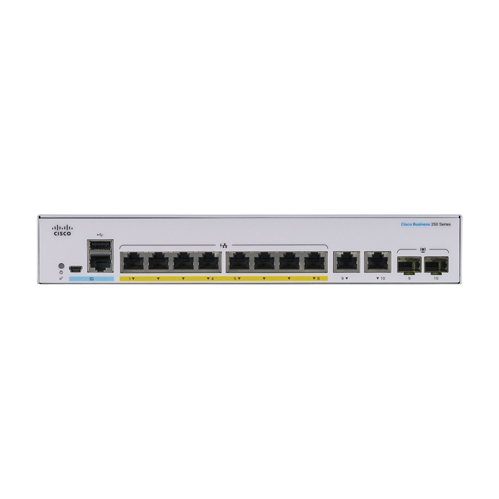 Smart Switch 8 cổng Gigabit PoE 120W + 2 x Gigabit LAN/SFP Cisco CBS250-8FP-E-2G-EU