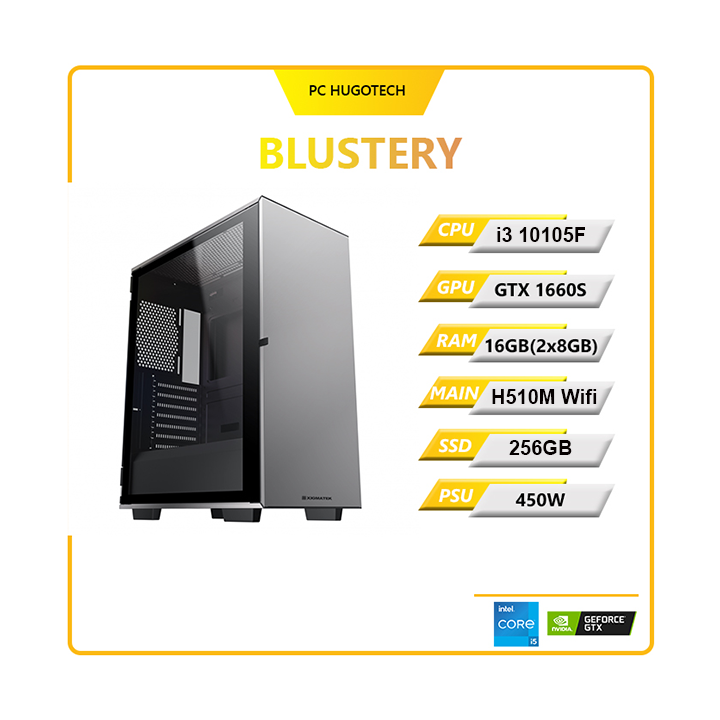 PC Hugotech Blustery 1660S (i3 10105F/VGA GTX 1660S/RAM 16GB(2x8GB)/H510M/SSD 256GB/450W)