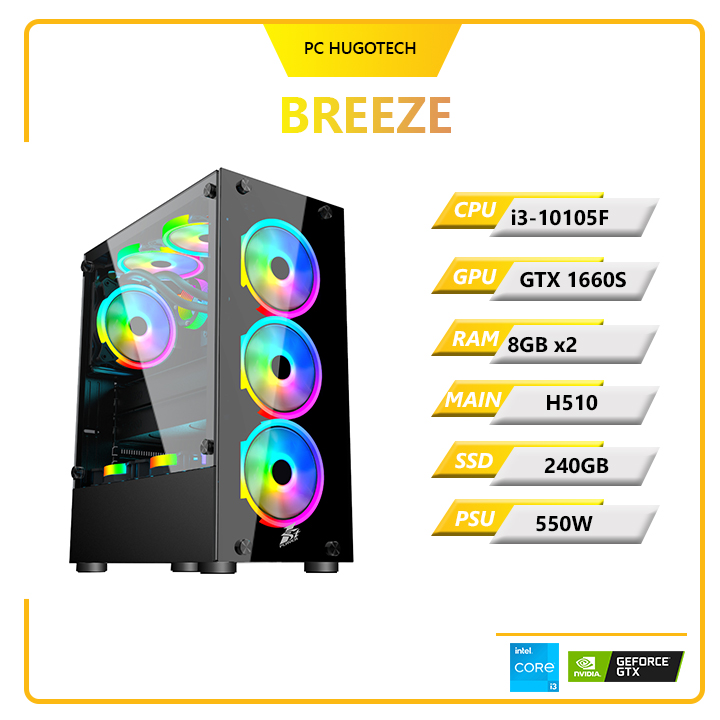 PC Hugotech Breeze 1660S (i3-10105F/VGA GTX 1660S/RAM 8GB x2/H510/SSD 240GB/550W)