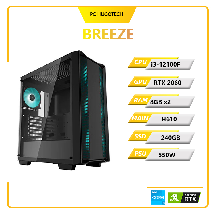 PC Hugotech Breeze 2060 (i3-12100F/VGA RTX 2060/RAM 8GB x2/H610/SSD 240GB/550W)