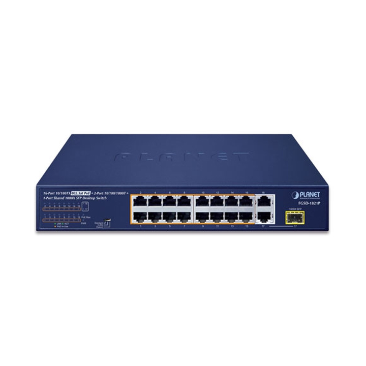 Unmanaged Switch PLANET FGSD-1821P (16 Port 100Mbps PoE + 2 Port GE + 1 Port SFP)