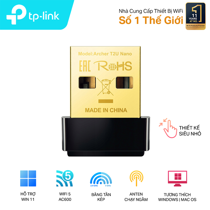 USB Wi-Fi Băng tần kép AC600 TP-Link Archer T2U Nano