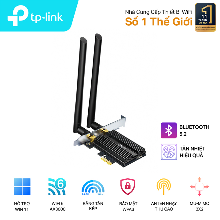 Card mạng PCIe Bluetooth 5.2 WiFi 6 chuẩn AX3000 TP-Link Archer TX50E